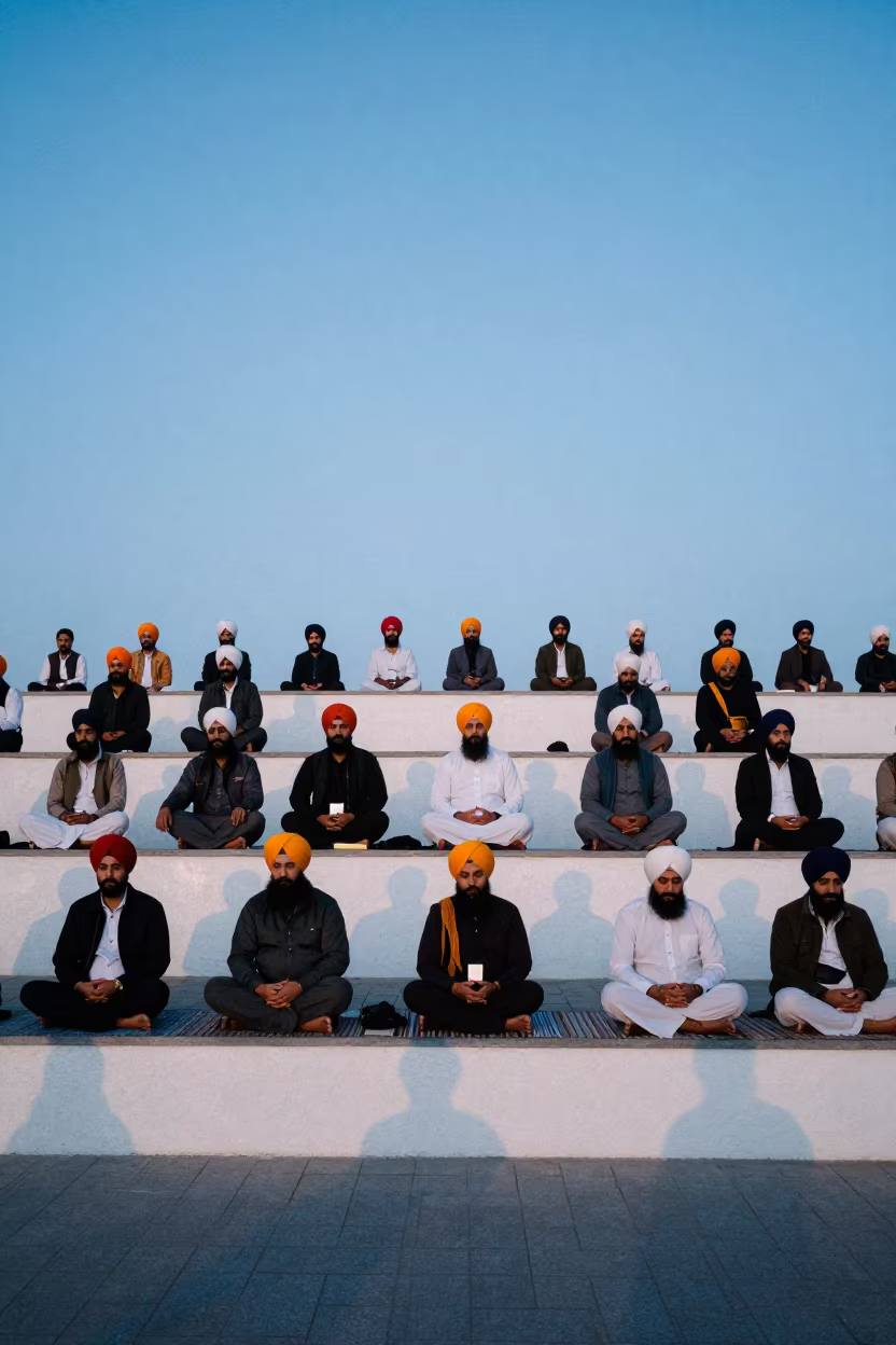 Sikh Group Listening on Ledge in Lubeck Twilight in on a painted display ledge near Lubeck