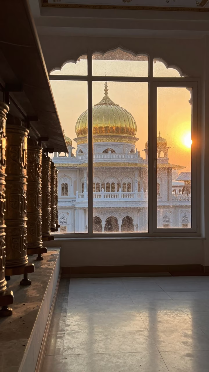 Sikh Gurdwara Golden Dome Sunset Interior in beside a prayer wheel corridor in Guadalupe