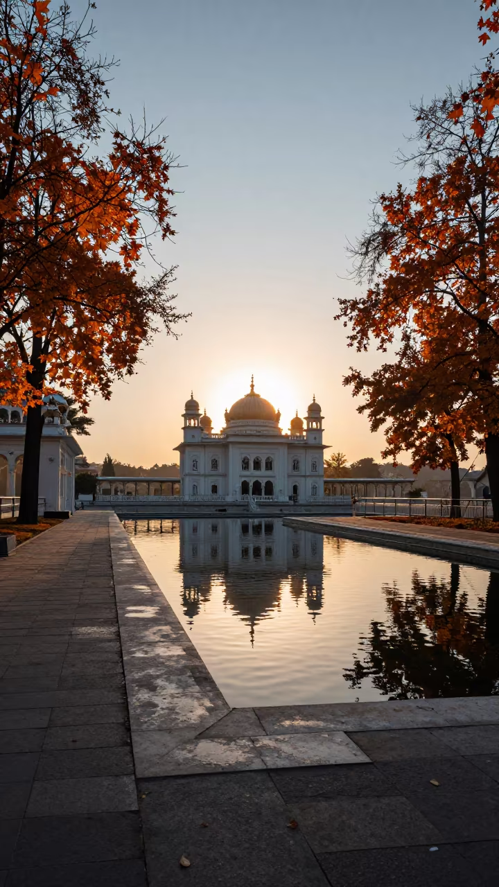 Sikh Temple Silhouette Reflects in Autumn Moldovan Pool in at the edge of a sacred pool in Moldova