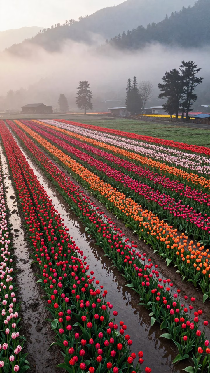 Sikkim Tulip Fields Dawn After Rain in across a wide valley floor in Sikkim
