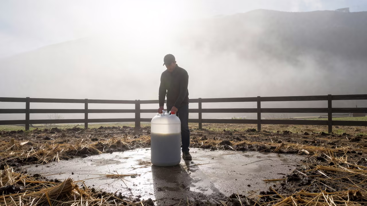 Silage Inoculant Jug Stand in Andorra in along a muddy paddock fence in Andorra