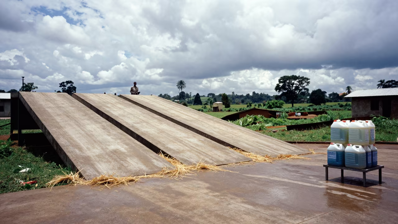 Silage Inoculant Jug Stand Burundi Stockyard in at a stockyard loading ramp in Burundi