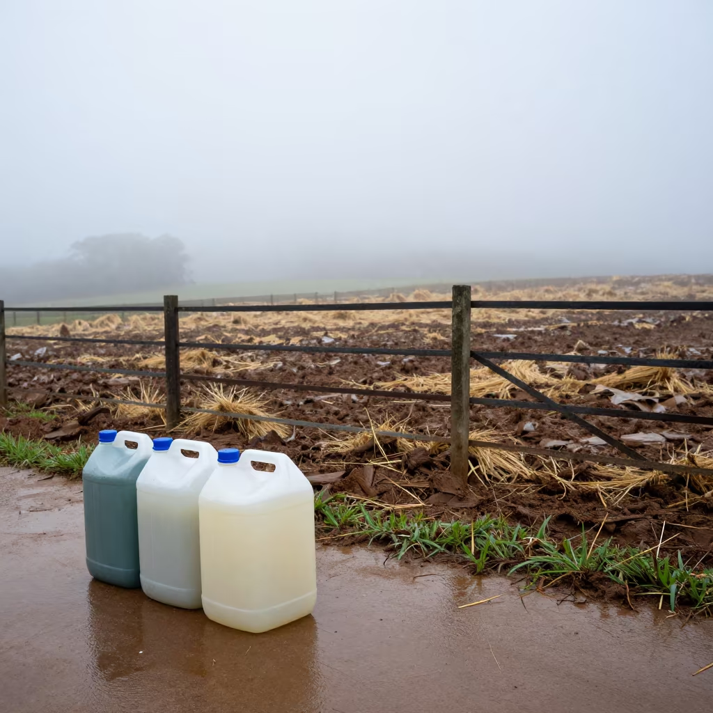 Silage Inoculant Jug Stand in Minas Gerais Paddock in along a muddy paddock fence in Minas Gerais
