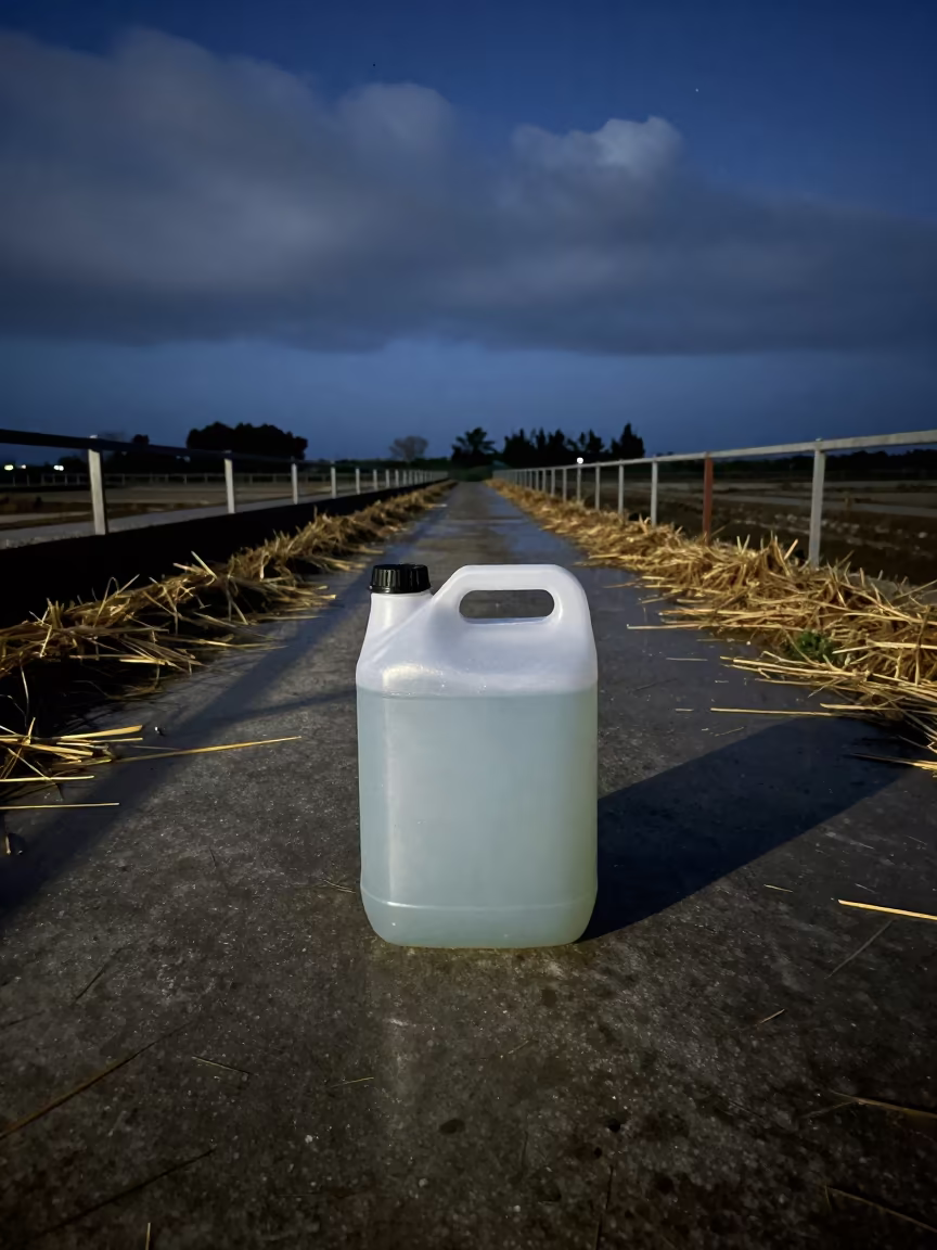 Silage Inoculant Jug Stand Night Greek Feedlot in along a feedlot lane in the Greek Islands