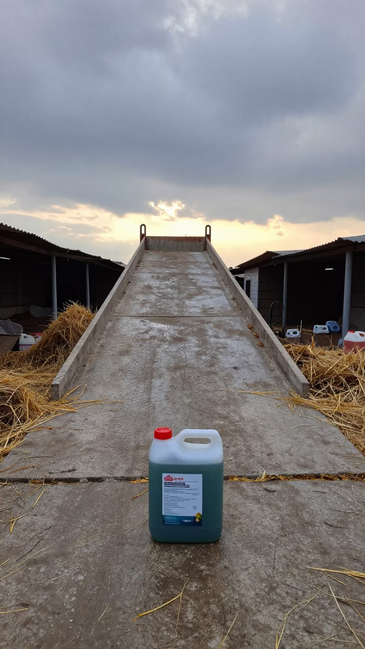 Silage Inoculant Stand at Syrian Stockyard Sunset in at a stockyard loading ramp in Syria