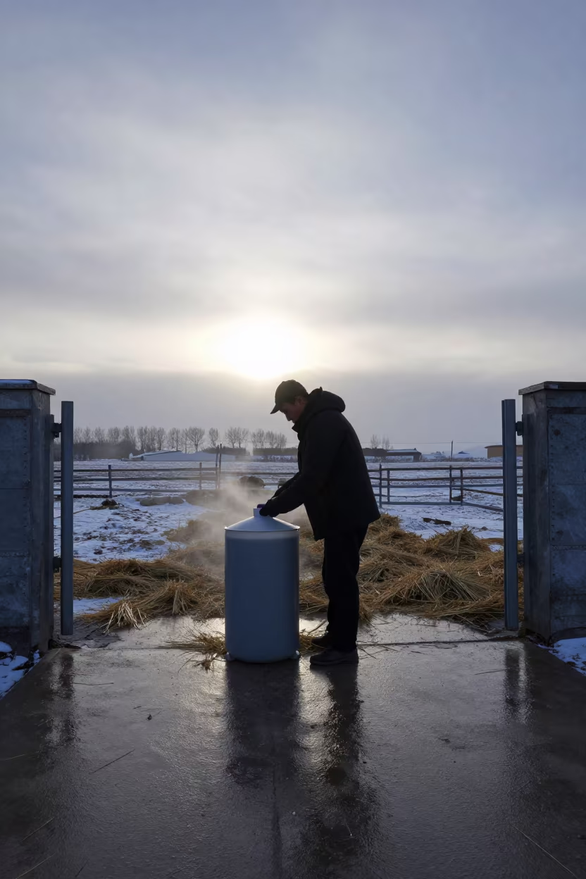 Silage Jug Stand in Winter Dawn in beside a pasture gate in Xinjiang