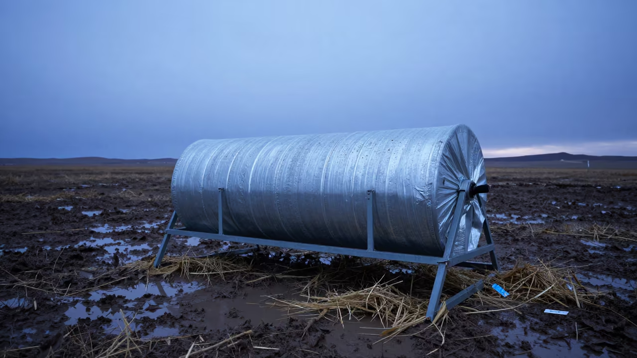 Silage Tarp Roll Stand in Mongolian Paddock in along a muddy paddock fence in Mongolia