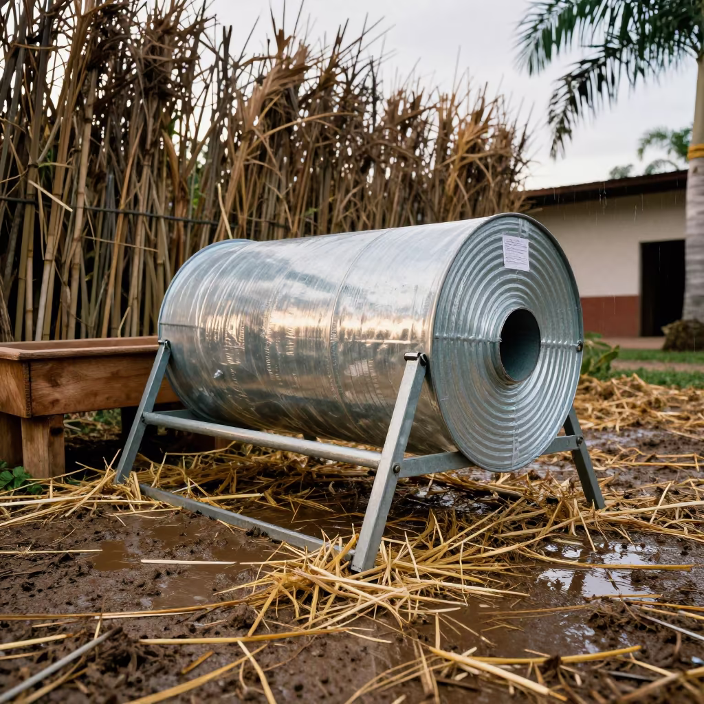 Silage Tarp Stand in Late Autumn Mexico Rain in near a windbreak and water trough in Mexico