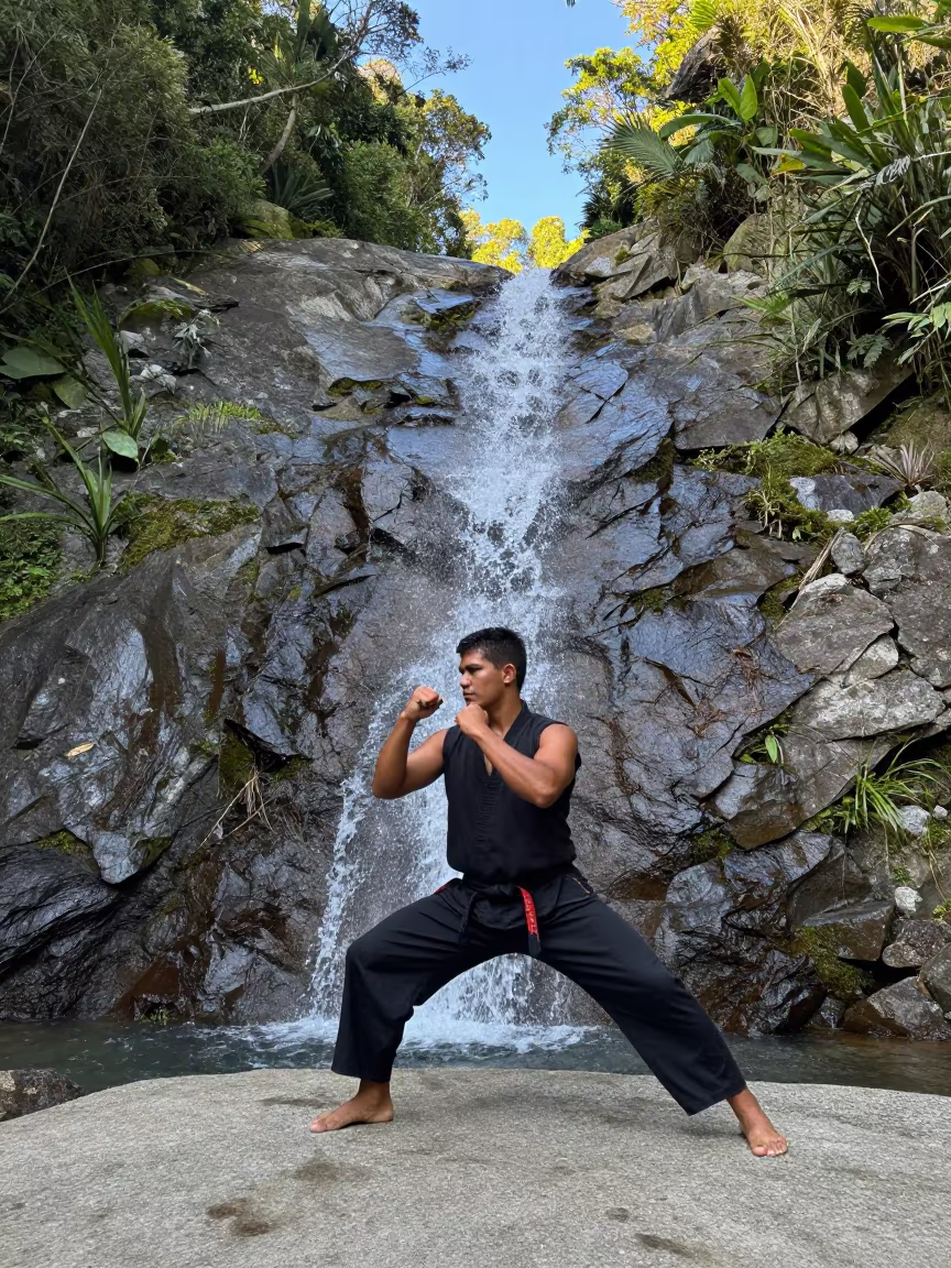 Silat Fighter Stance Over Upslope Glacier Stream in above a glacial stream in Venezuela