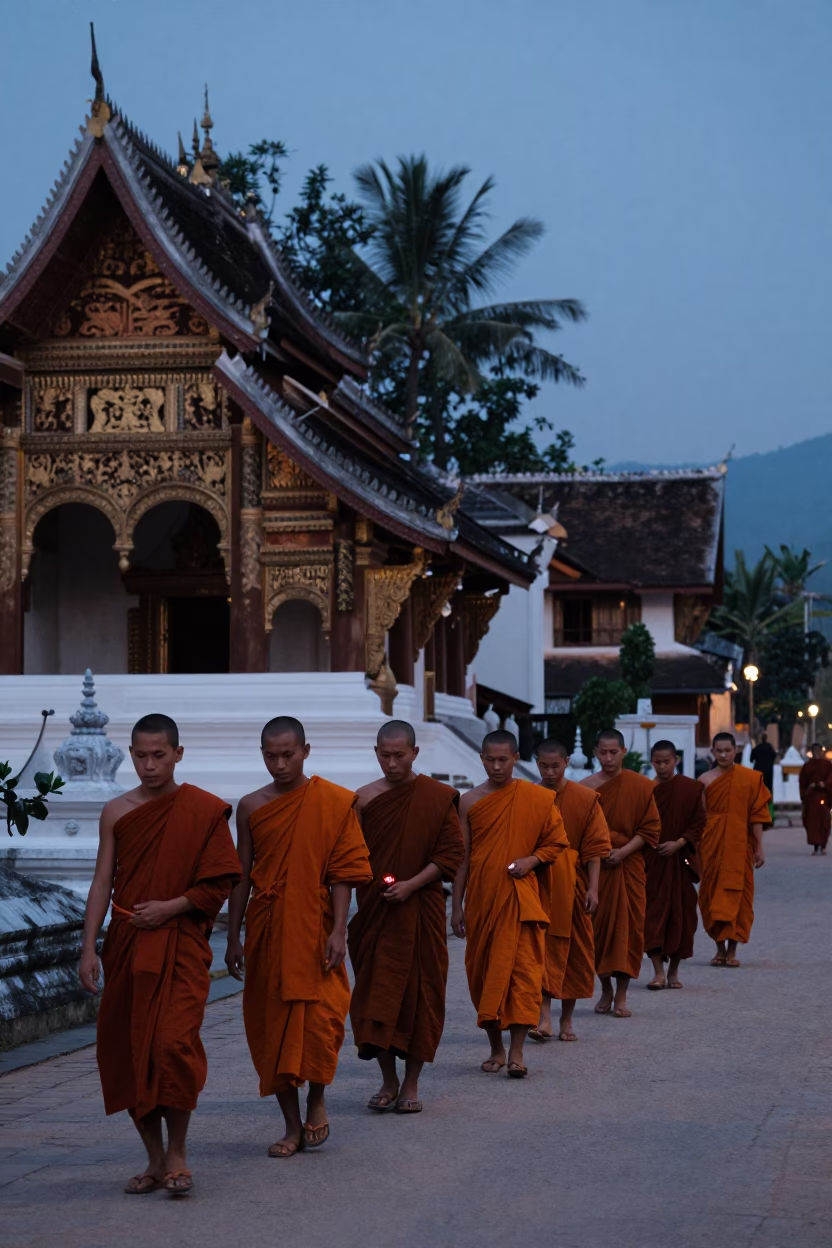 Silent Dawn in Luang Prabang Laos Alms Giving Ceremony Before Sunrise in in Luang Prabang, Laos