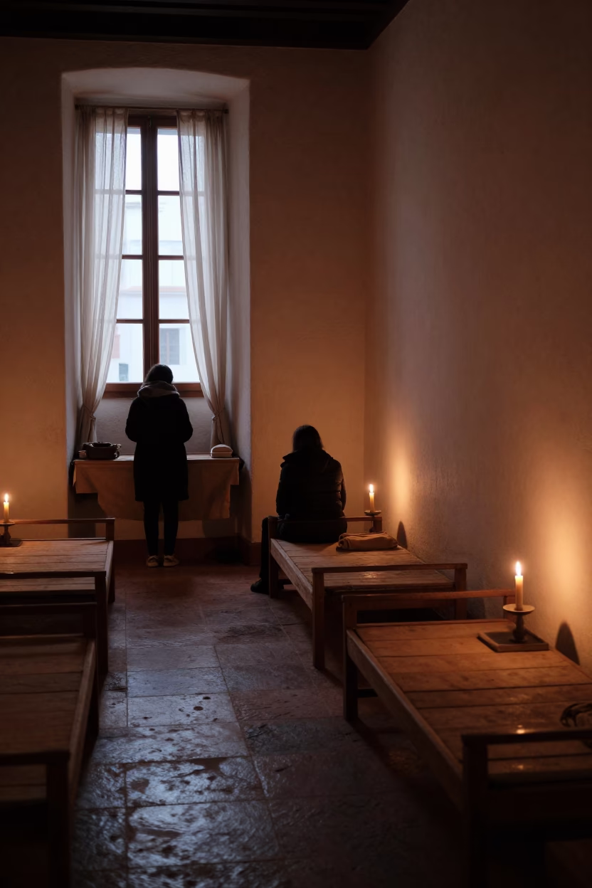 Silent Dormitory Cots in Evening Candlelight in inside a quiet cloister passage in Barakaldo