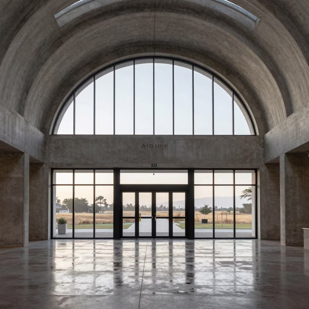 Silent Glass Vestibule Morning Light Araure in inside a ribbed concrete lobby in Araure