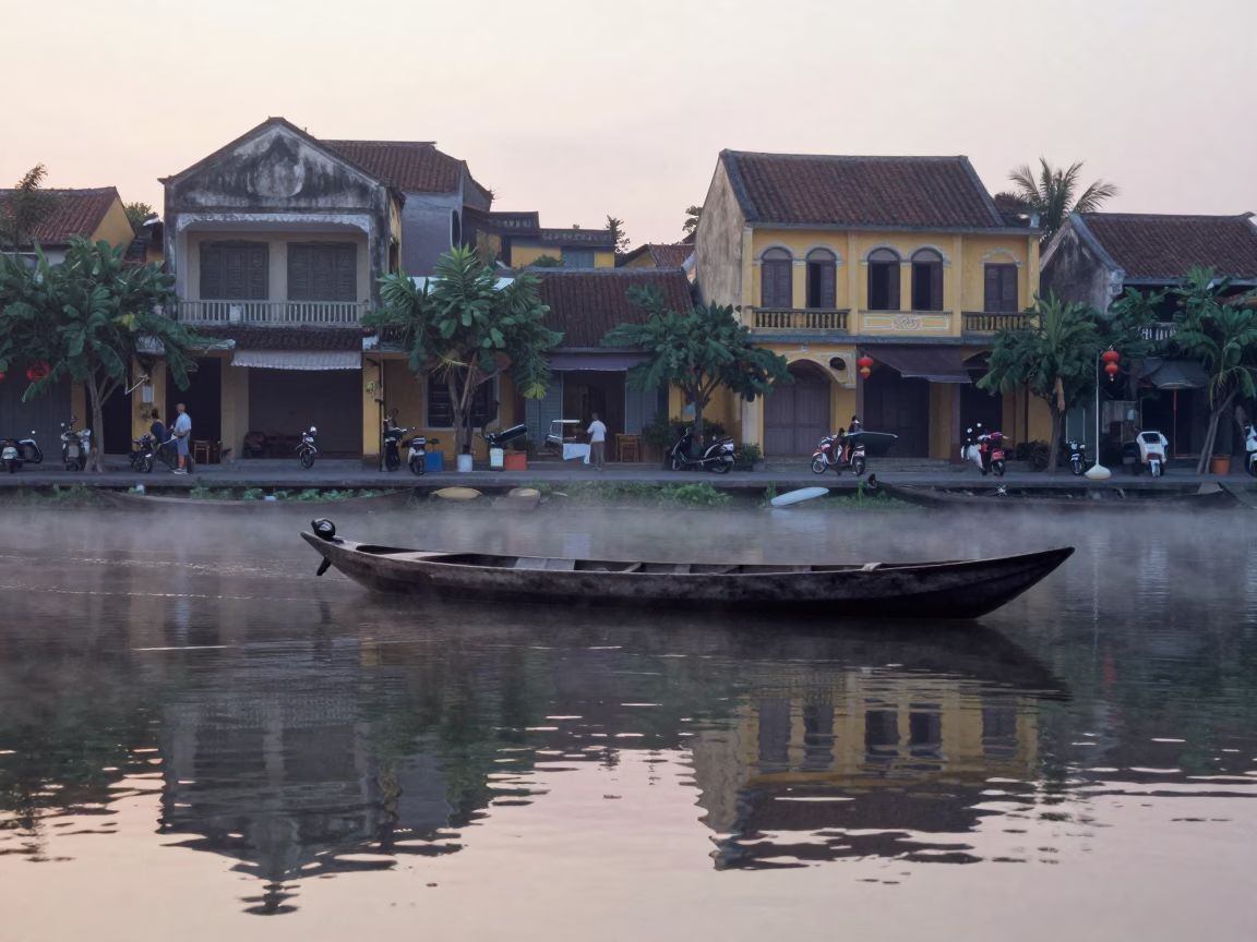 Silent Hoi An Morning Before Sunrise with Canoe Reflection in Mirror-Still Water in in Hoi An, Vietnam