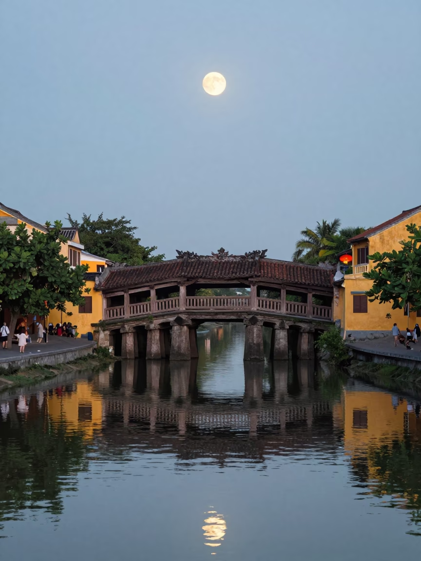 Silent Hoi An Morning with Moon Bridge Reflection and Blue Hour Sky in in Hoi An, Vietnam