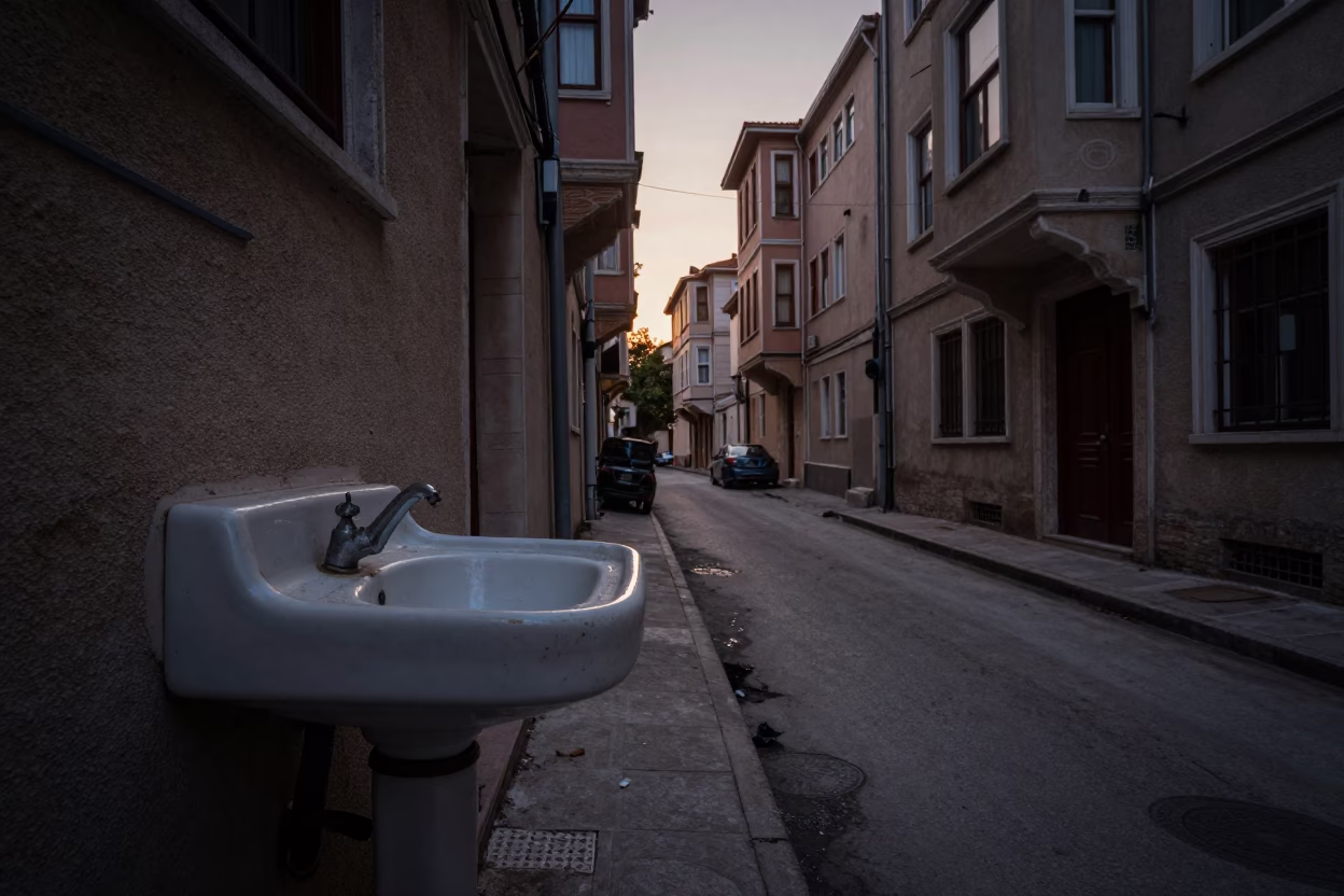 Silent Istanbul Dawn Street Scene with Vintage Sink and Early Morning Light in in Istanbul, Turkey