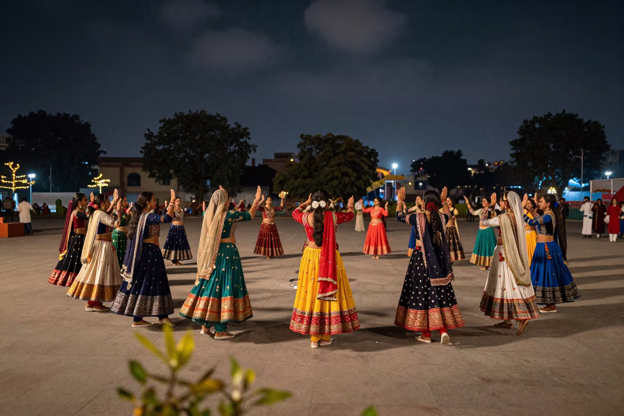 Silent Navratri Garba Circle in Delhi Night in at a public square during a festival in Delhi