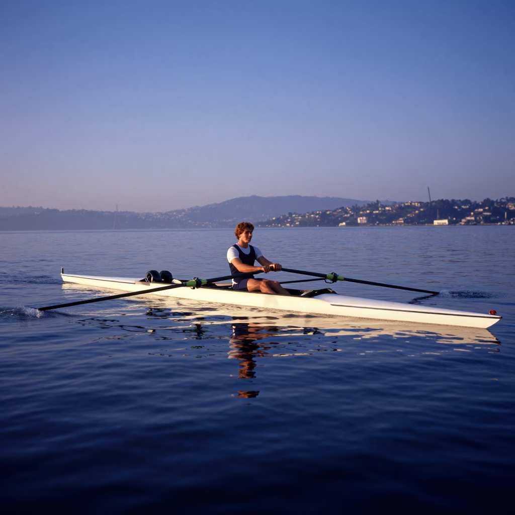 Silent Rowing Shell on San Francisco Bay Waters Before Sunrise Dawn Light in in San Francisco, California, United States