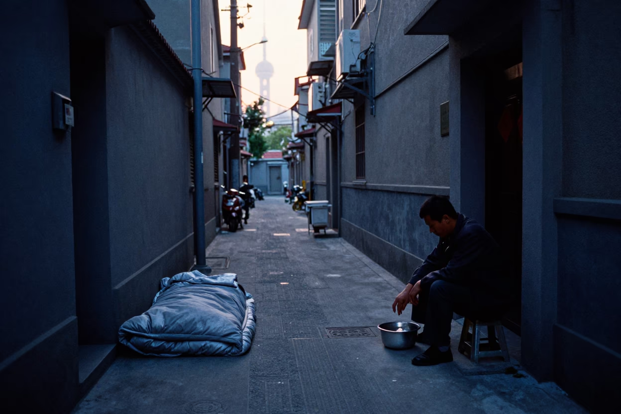 Silent Shanghai Alleyway Before Dawn with Sleeping Bag and Morning Routine in in Shanghai, China