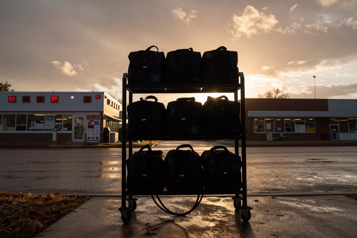 Silhouette of Ambulance Restock Rack at Pharmacy in outside a late-night pharmacy on a wet street in Rapid City