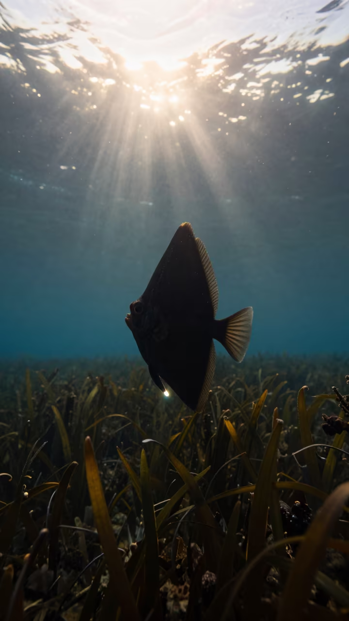 Silhouette of Anglerfish Over Seagrass Meadow in above a seagrass meadow near Naples