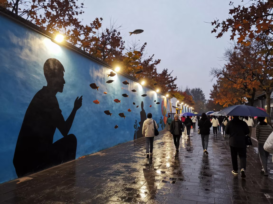 Silhouette Artist Painting Mural with Floating Fish in at a festival street procession in Jinan