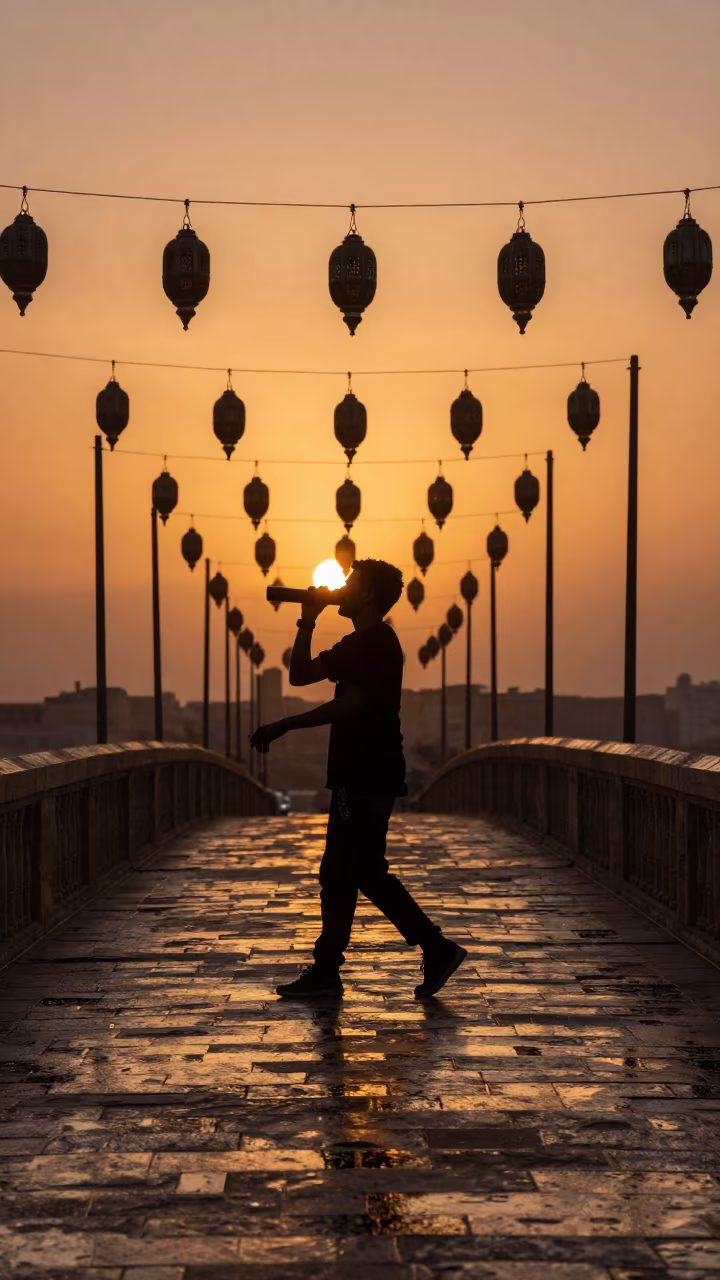 Silhouette Beatboxer on Asyut Lantern Bridge in in a lantern-lined temple precinct in Asyut