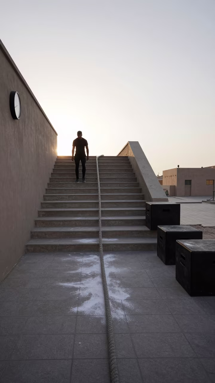 Silhouette of Bootcamp Lane at Dawn in at an outdoor stair workout landing in Kandahar