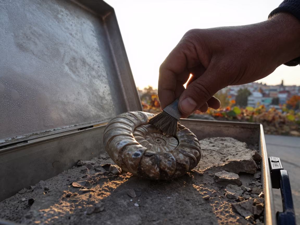 Silhouette brushing ammonite fossil in Istanbul in in Istanbul