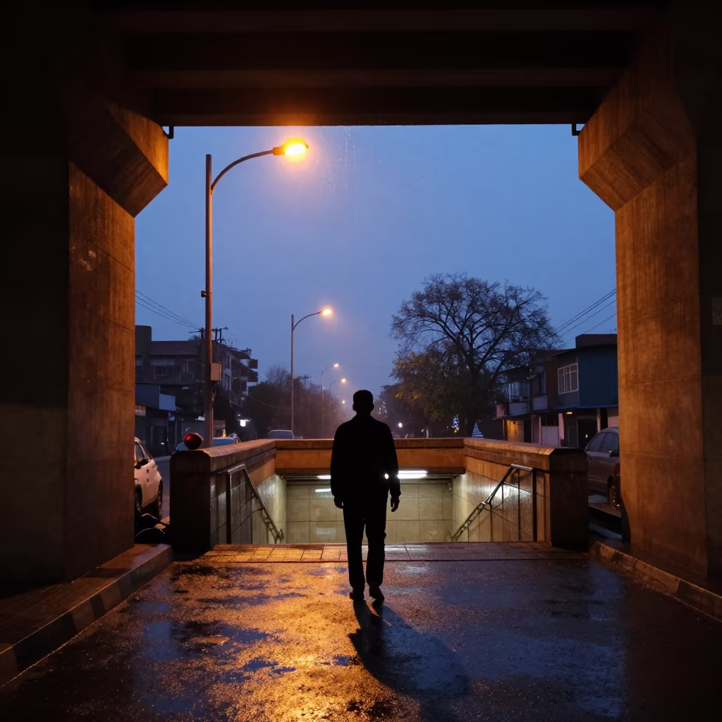 Silhouette Busker Under Indigo Twilight Drips in outside a metro entrance in Chishtian