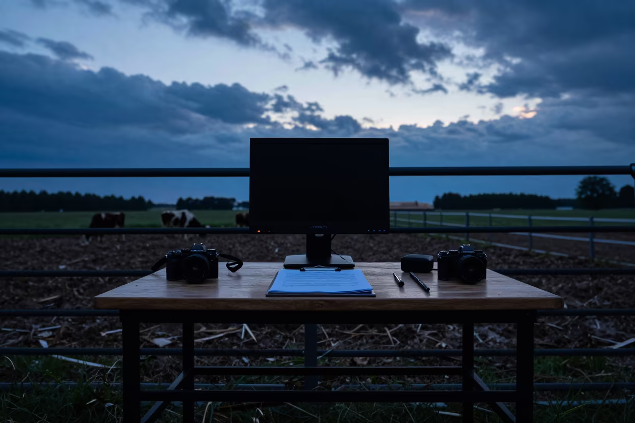Silhouette of Calving Monitor Desk at Polish Barn in along a muddy paddock fence in Poland