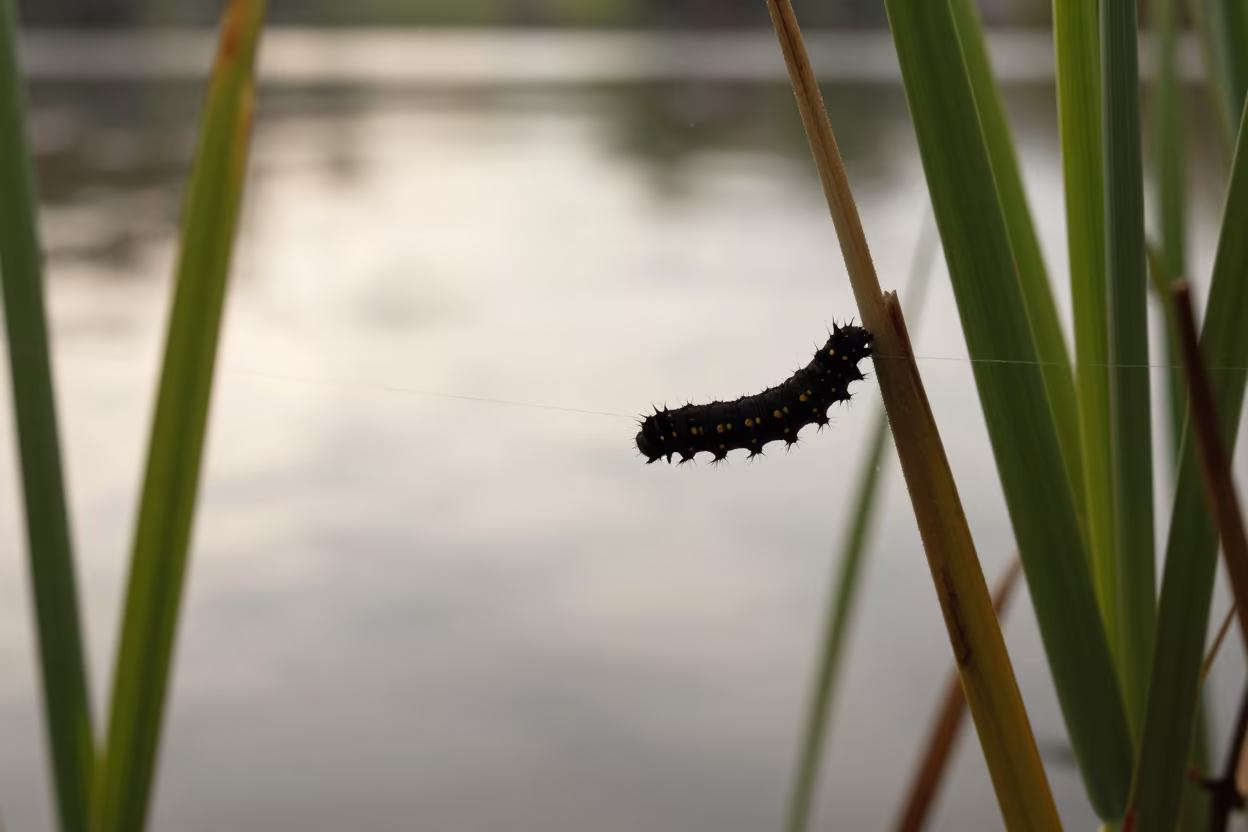 Silhouette Caterpillar Silk Gland Reflected Light in at the edge of a reed bed near Puebla