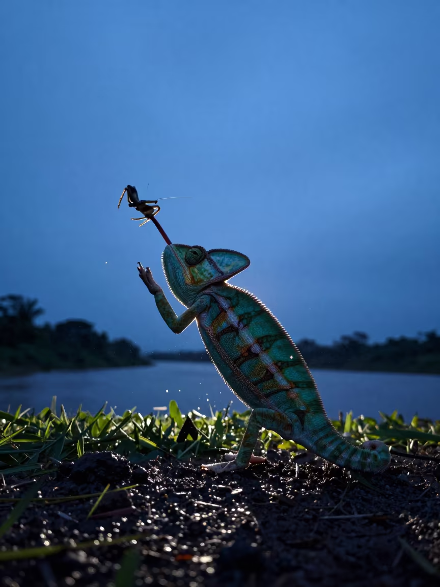 Silhouette Chameleon Catching Cricket at Maputo Riverbank in by a riverbank near Maputo