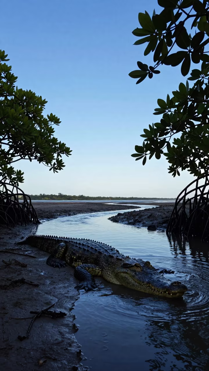 Silhouette Crocodile Sliding into Tidal Inlet Water in beside a tidal inlet near Denpasar
