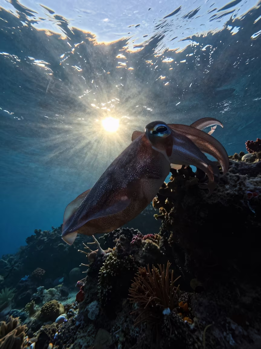 Silhouette Cuttlefish in Evening Plankton Haze in beside a volcanic reef overhang near Denpasar