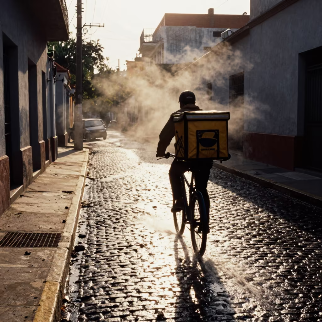 Silhouette of Cyclist Splashing Through Puddle in outside a metro entrance in San Telmo, Buenos Aires