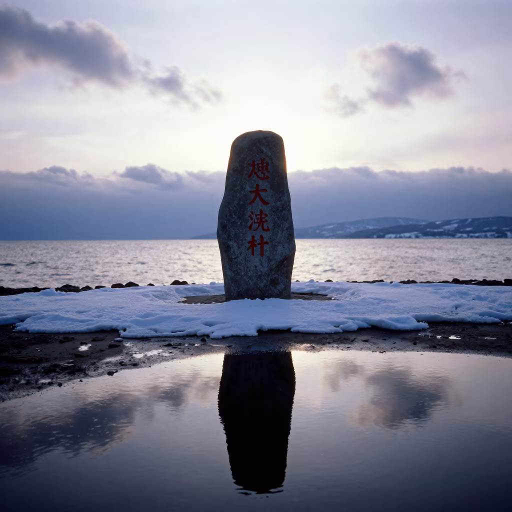 Silhouette Divide Marker Snow Shore Twilight in along a wave-cut shoreline near Sapporo