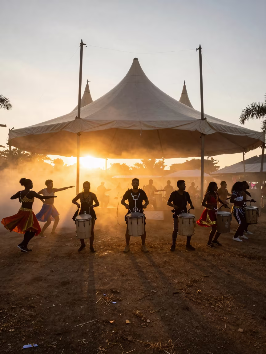 Silhouette Drummer Leads Carnival Conga Line Under Tent in under a circus tent in São Paulo