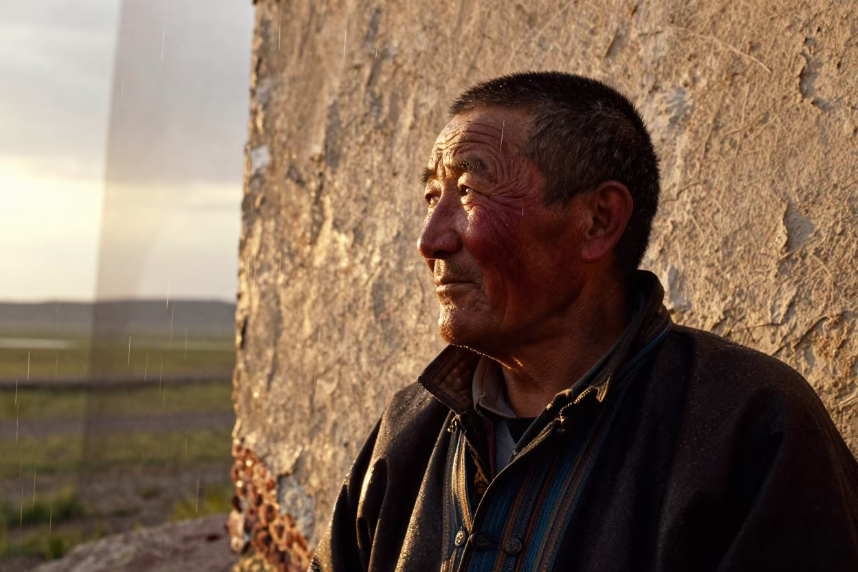 Silhouette of Eagle Hunter at Sunset Rain in against a sun-bleached plaster wall near Aligarh