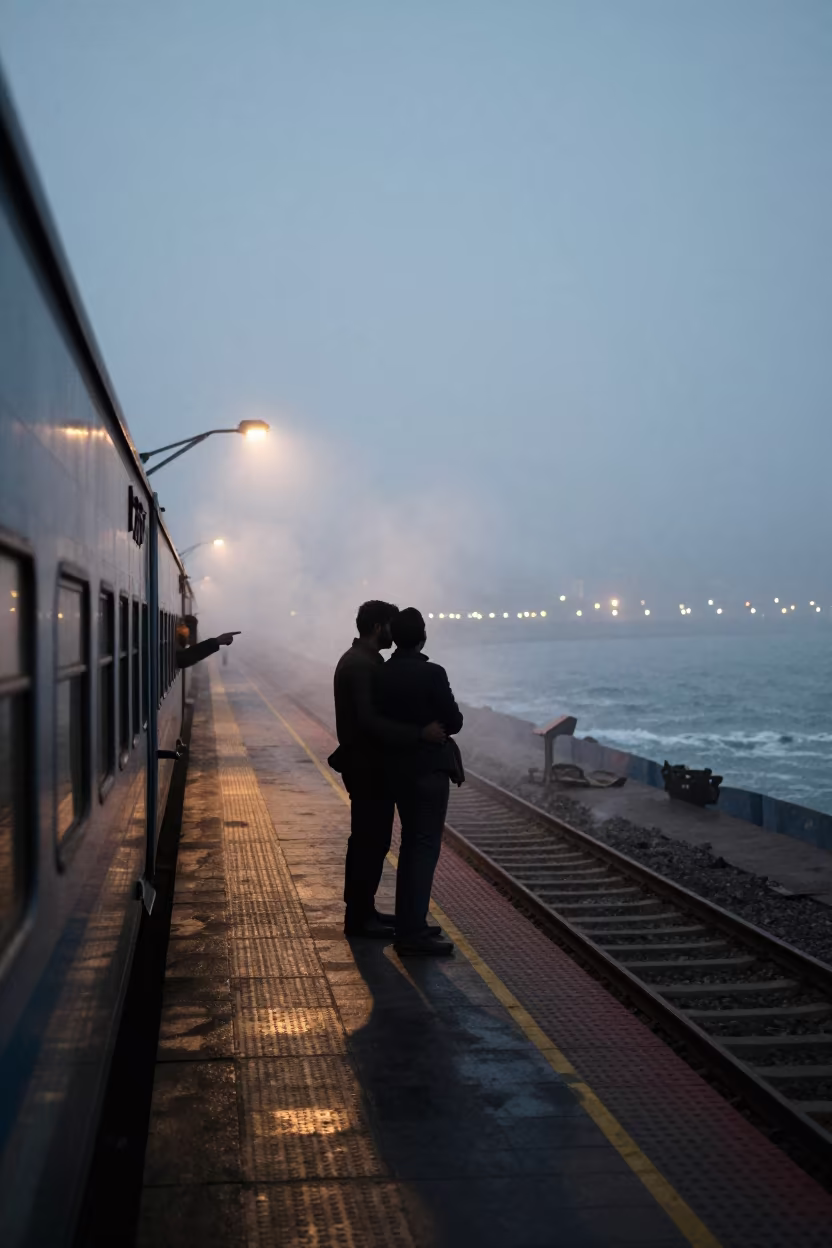 Silhouette Embrace on Foggy Indian Train Platform in beside a fogbound harbor mouth in India