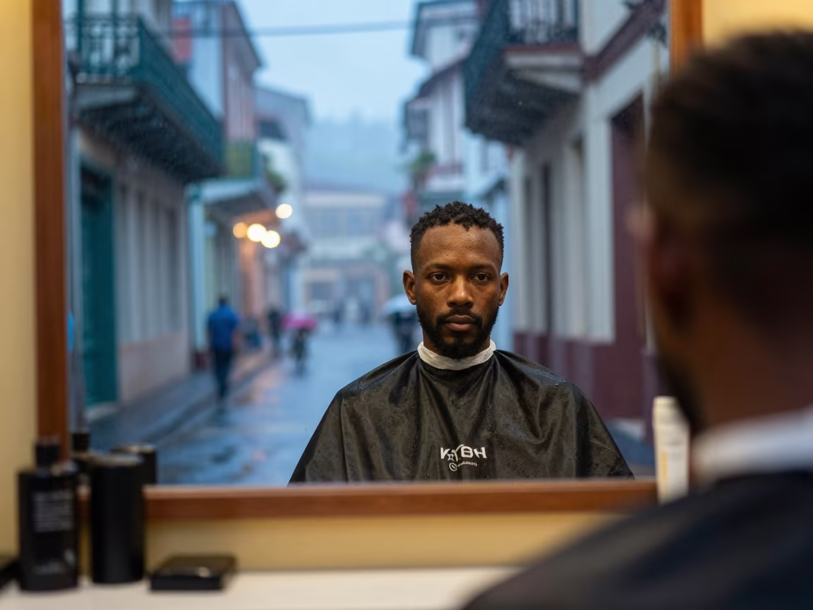 Silhouette Face Reflected in Cap-Haïtien Barbershop Mirror in in the old quarter in Cap-Haïtien