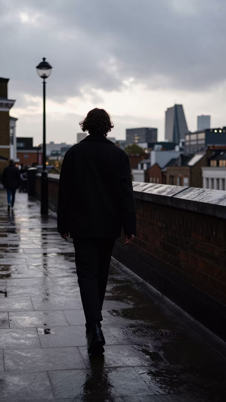 Silhouette Fashion Editorial Dusk London Rooftop in on a rain-darkened city sidewalk near Soho, London