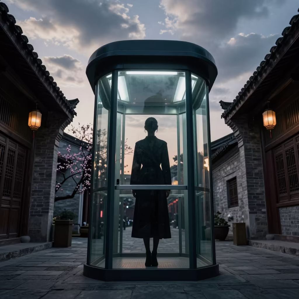Silhouette Fashion Editorial Glass Elevator Xian Dusk in in a stone lane between old facades in Xian