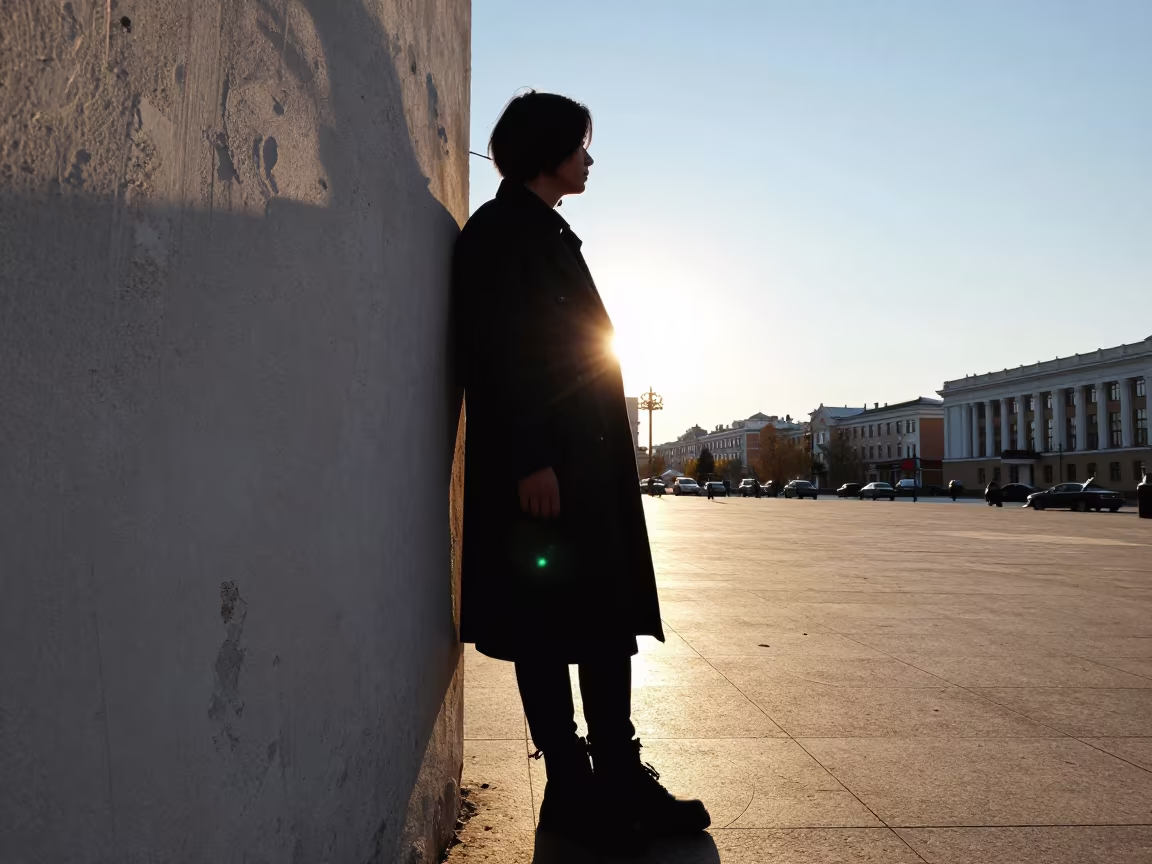 Silhouette Fashion Portrait Against Weathered Plaster in across a reflective public plaza in Samara