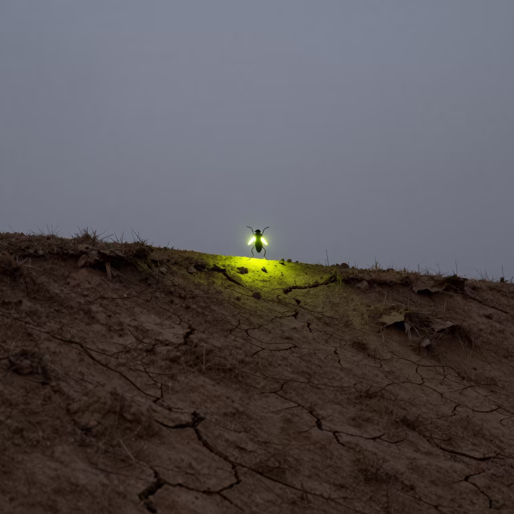 Silhouette Firefly on Bogura Ridge at Twilight in on a wind-scoured ridge near Bogura