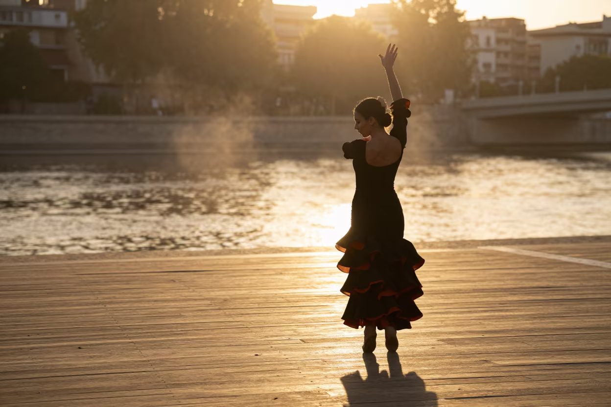 Silhouette of Flamenco Dancer on Riverside Tablao in near a riverside landing in Barcelona