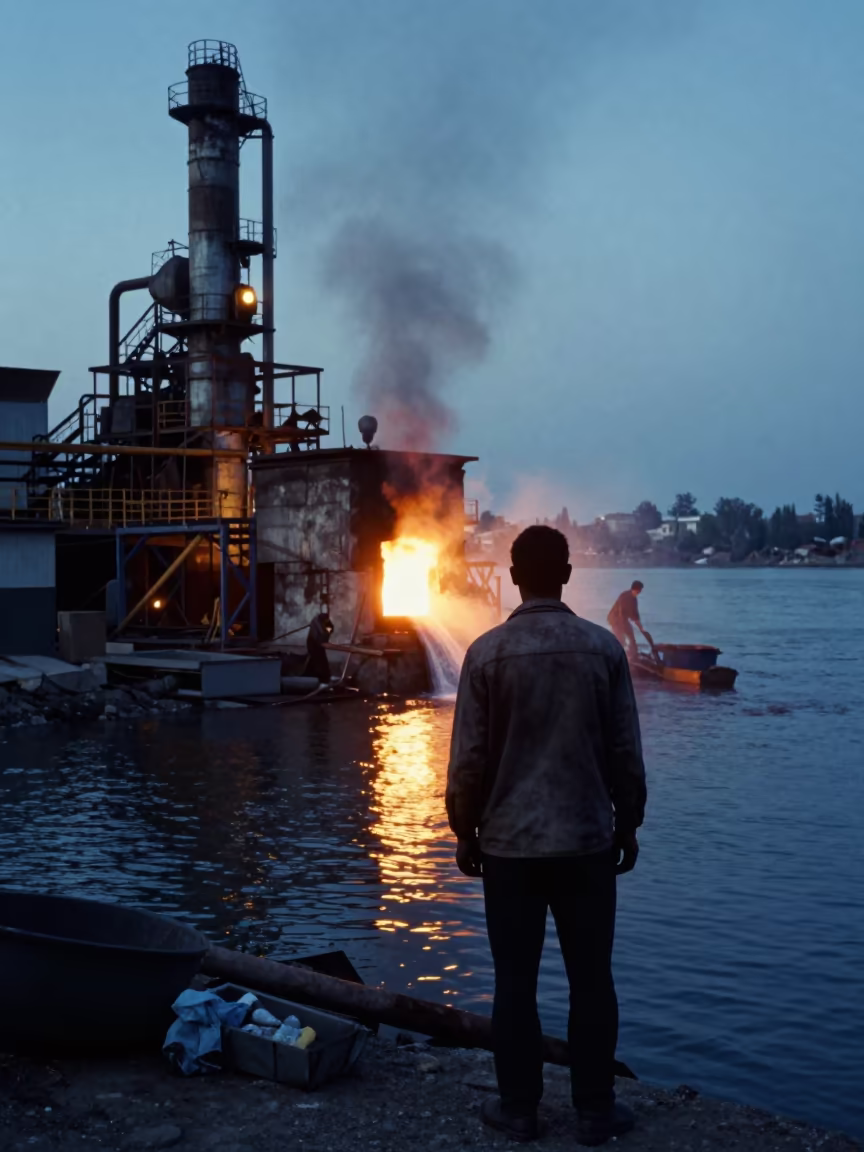 Silhouette of Foundry Worker by Furnace at Riverside in near a riverside landing in Karaman