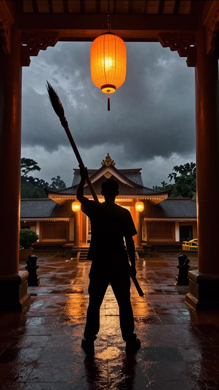 Silhouette Giant Brush Calligraphy Kampala Shrine in in a shrine lined with lanterns in Kampala
