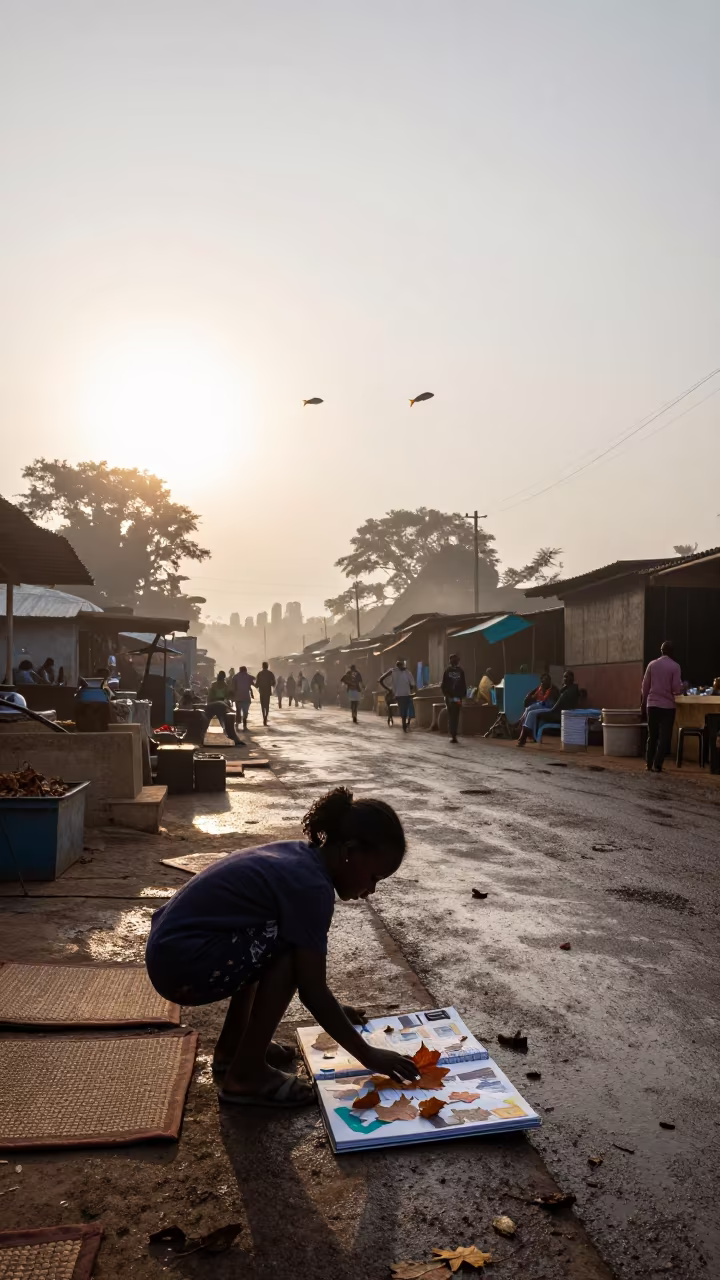 Silhouette Girl Pressing Leaves Amid Flying Fish in along a market lane in Mbuji-Mayi