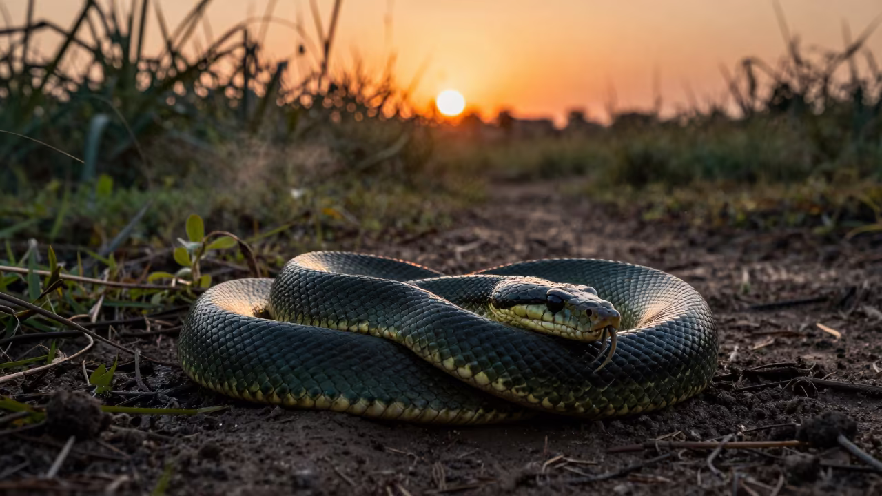 Silhouette of Green Anaconda Coiled in Swamp in along a game trail near Lalibela