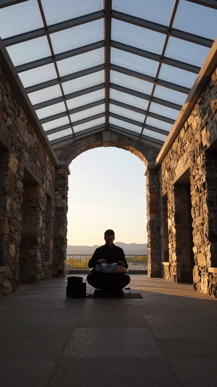 Silhouette Handpan Player in Anchorage Glass Arcade in inside a glass-roofed arcade in Anchorage